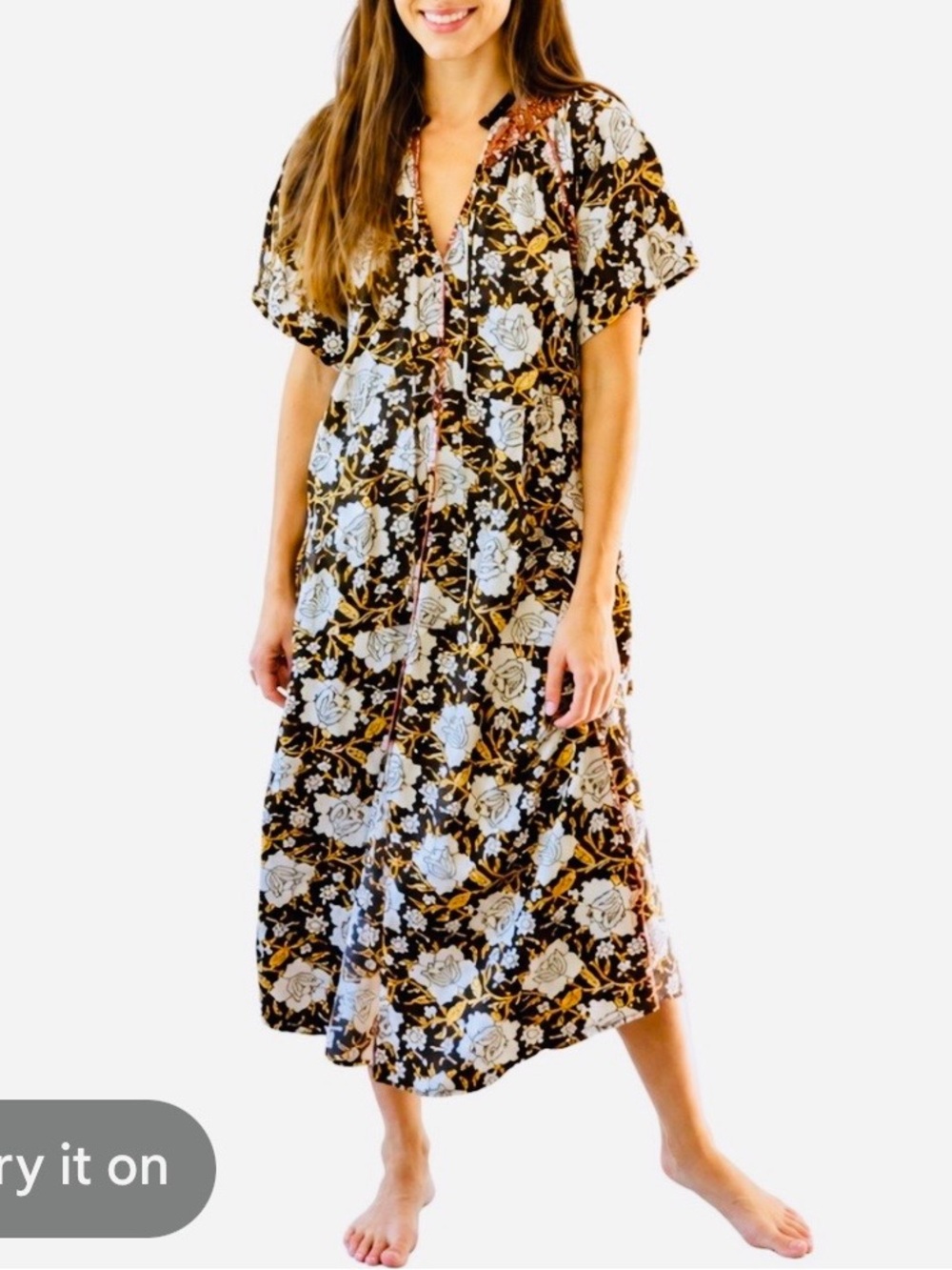 NATURAL LIFE Black Floral Maxi Dress with Cream and Tan Accents